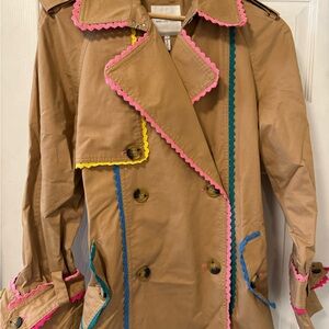 Avec Les Filles Tan Trench Coat with Pink, Yellow, and Blue Trim